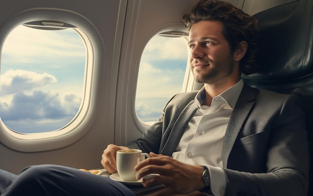 Un jeune homme d'affaires assis sur un vol en classe affaires dégustant une tasse de café AI