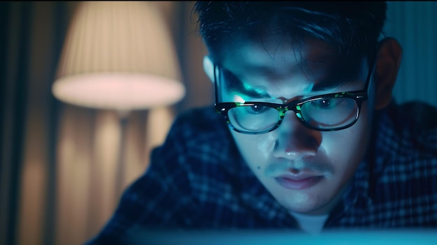 Photo jeune homme d'affaires concentré en lunettes regardant l'écran de l'ordinateur portable surfer sur le web pour l'ia générative