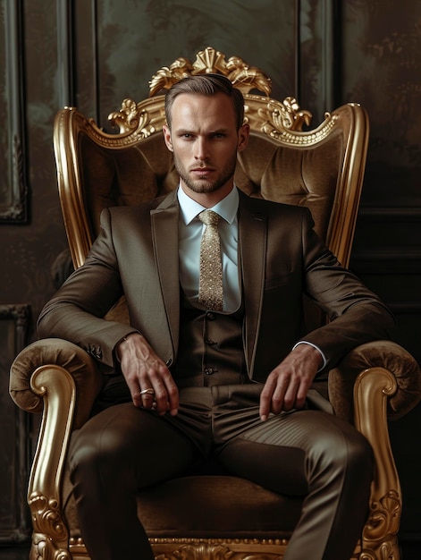 Un jeune homme d'affaires confiant assis sur le trône dans un intérieur approprié.