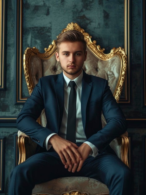 Photo un jeune homme d'affaires confiant assis sur le trône dans un intérieur minimaliste moderne