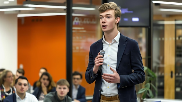 Un jeune homme d'affaires confiant prononce un discours lors d'une conférence