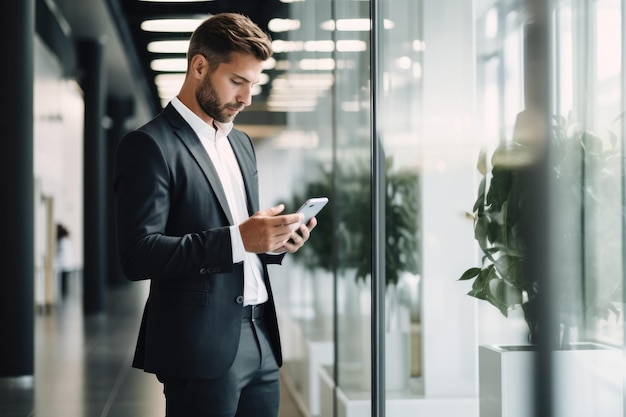 Un jeune homme d'affaires debout avec un smartphone dans un bureau moderne avec des cloisons en verre
