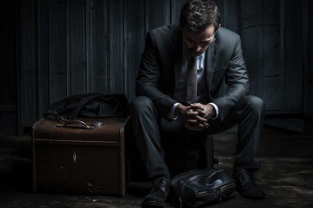 Jeune homme d'affaires déprimé assis sur les escaliers d'un bâtiment sombre et abandonné Homme d'affaires en dépression généré par l'IA
