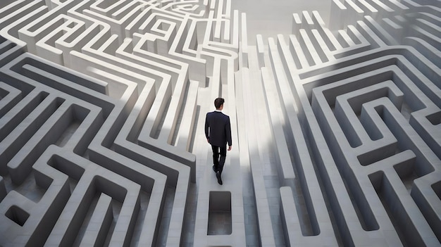 Jeune homme d'affaires devant un immense labyrinthe haute clé généré par l'IA