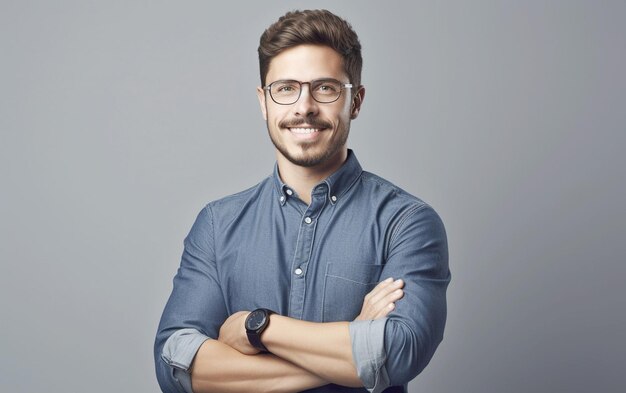 Jeune homme d'affaires élégant avec une montre intelligente à fond gris