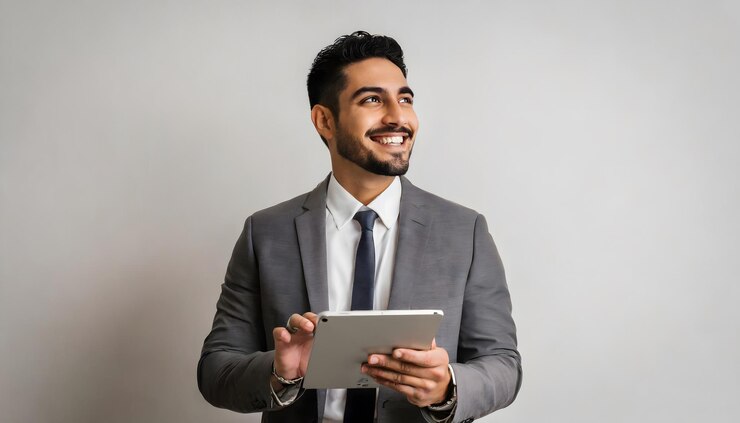 Photo jeune homme d'affaires examinant des projets sur tablette