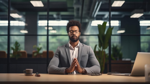 Un jeune homme d'affaires fait du yoga au travail au bureau Créé avec la technologie Generative AI