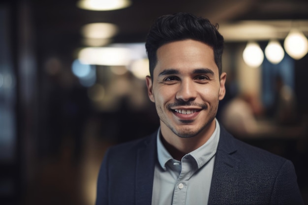 Jeune homme d'affaires hispanique intelligent visage souriant debout dans un arrière-plan flou d'un bureau occupé Generative AI AIG20