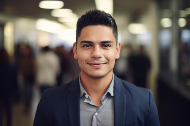 Jeune homme d'affaires hispanique intelligent visage souriant debout dans un arrière-plan flou d'un bureau occupé Generative AI AIG20