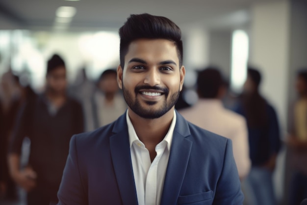 Jeune homme d'affaires indien intelligent visage souriant debout dans l'arrière-plan flou du bureau occupé Generative AI AIG20