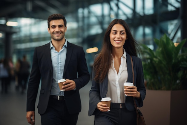 Un jeune homme d'affaires et une jeune femme d'affaires souriants marchant avec du café au bureau.