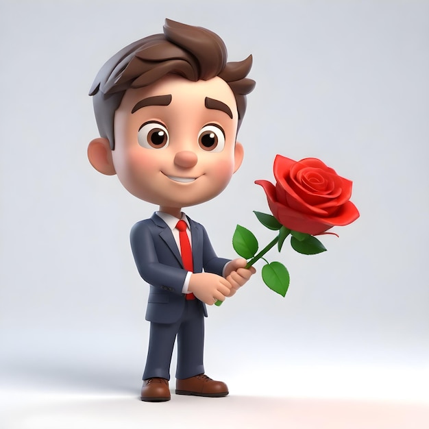 Un jeune homme d'affaires mignon tenant une rose sur fond blanc