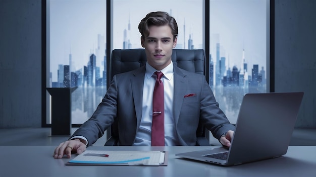 Un jeune homme d'affaires avec un ordinateur portable au bureau.