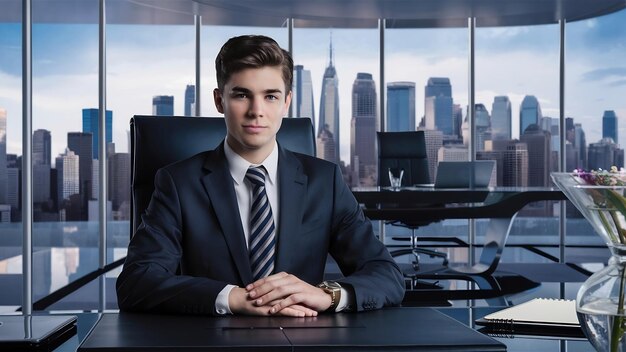 Photo jeune homme d'affaires prospère assis au bureau du lieu de travail