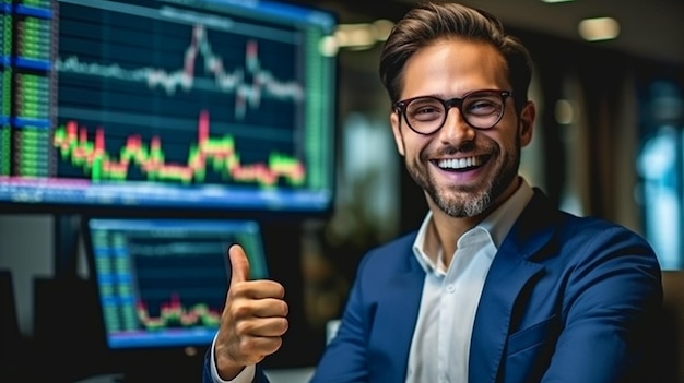 Jeune homme d'affaires prospère et joyeux surveillant le marché boursier qui a l'air bien et l'idée bancaire GENERATE AI