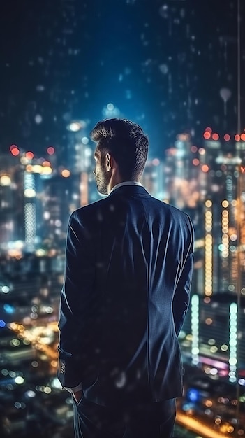 Un jeune homme d'affaires prospère regarde l'horizon nocturne de la ville Generative AI