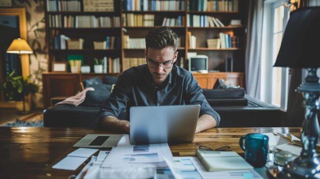 Un jeune homme d'affaires qui travaille à la maison avec un ordinateur portable et des papiers sur son bureau.