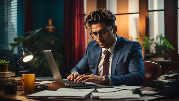 Un jeune homme d'affaires qui travaille à la maison avec un ordinateur portable et des papiers sur son bureau.