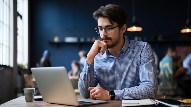 Un jeune homme d'affaires réfléchi et intelligent qui regarde son ordinateur portable.