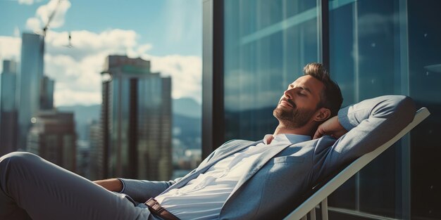 Un jeune homme d'affaires se détend sur le balcon.