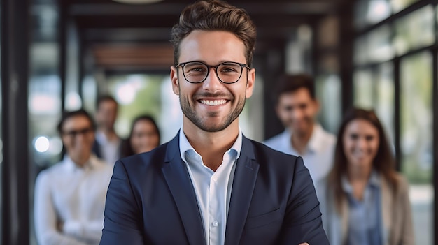 Jeune homme d'affaires souriant debout devant l'équipe souriant à la caméra Créé avec la technologie Generative AI