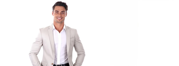 Jeune homme d'affaires souriant posant isolé sur fond blanc AI générative