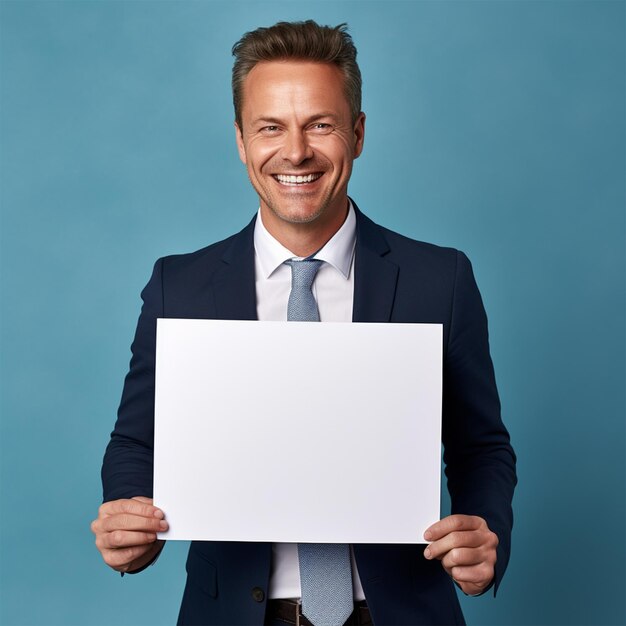 un jeune homme d'affaires souriant tenant une feuille de papier blanche sur fond bleu