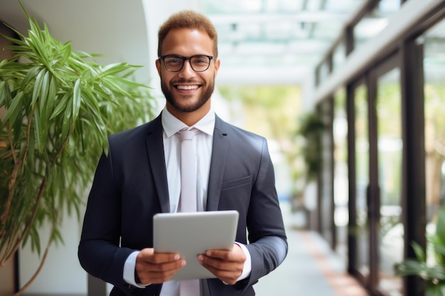 Jeune homme d'affaires souriant tenant un ordinateur à la main au travail Employé professionnel masculin