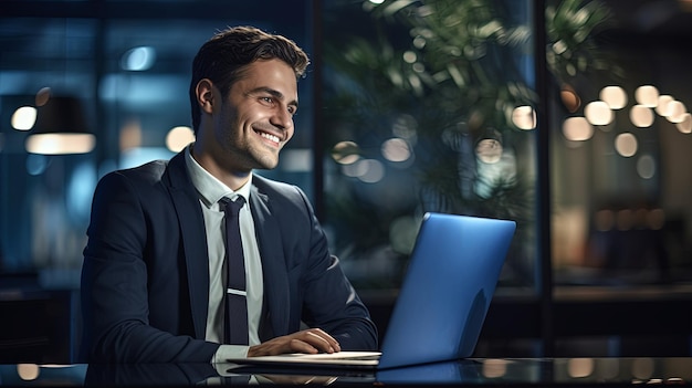 jeune homme d'affaires souriant travaillant sur un ordinateur portable et pensant