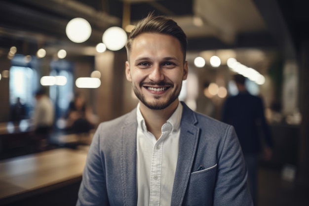 Jeune homme d'affaires suédois intelligent visage souriant debout dans un arrière-plan flou d'un bureau occupé Generative AI AIG20