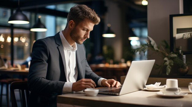 Un jeune homme d'affaires avec une tasse et un café dans un café.