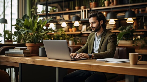 Un jeune homme d'affaires avec une tasse et un café dans un café.