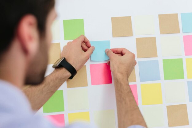 Jeune homme d'affaires travaillant au bureau avec des notes autocollantes sur le mur