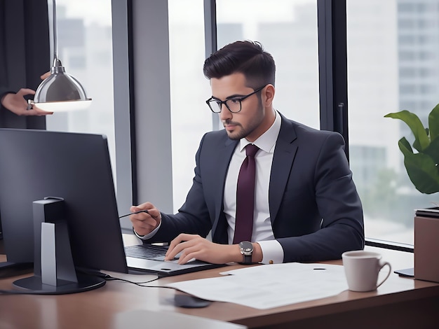 Un jeune homme d'affaires travaillant sur un ordinateur portable dans une salle de bureau