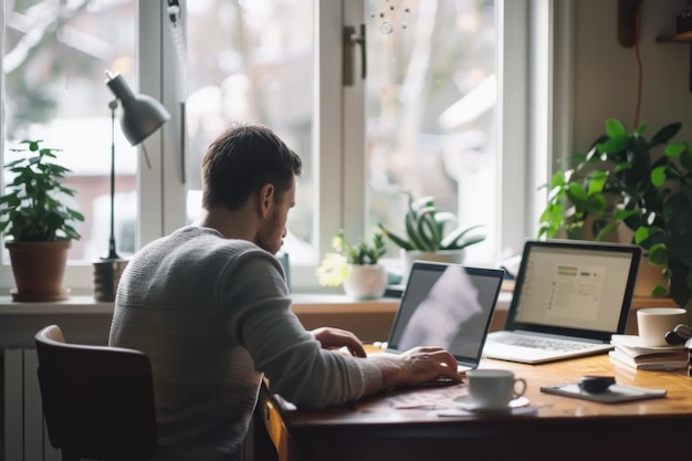 Un jeune homme d'affaires travaille à domicile en utilisant un ordinateur portable pour le travail indépendant et l'apprentissage en ligne.