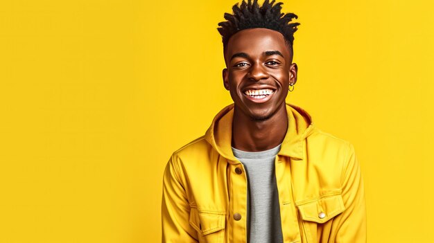 un jeune homme africain émet un sourire radieux sur un fond jaune vibrant