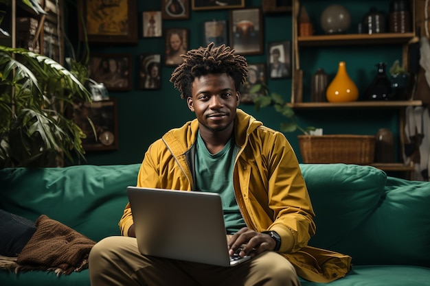 Jeune homme africain utilisant un ordinateur portable à la maison dans un appartement pour jeunes aux couleurs vertes