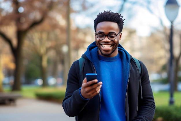 un jeune homme africain vêtu de façon décontractée d'un pull bleu et de lunettes