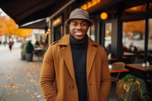 Jeune homme afro-américain en chapeau et manteau portrait de rue concept de style de vie d'automne