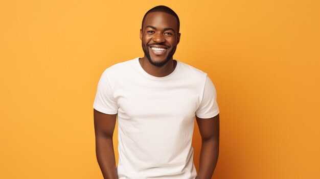 Photo jeune homme afro-américain debout portant un t-shirt blanc à col rond sur fond orange