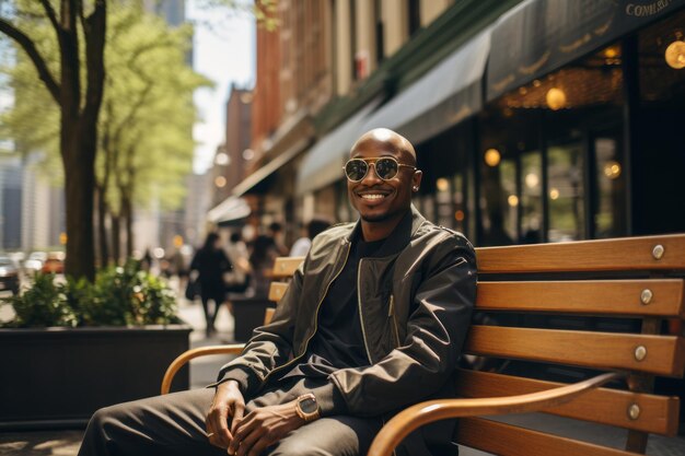 Un jeune homme afro-américain joyeux dans une veste chaude et des lunettes de soleil avec une montre à la main