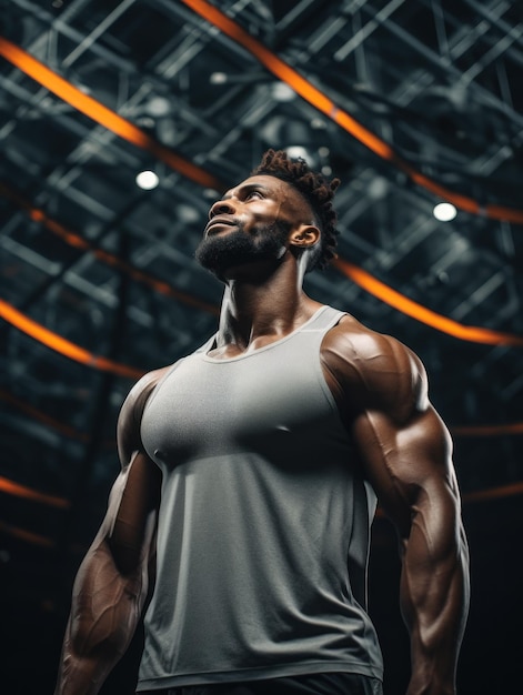 Un jeune homme afro-américain musclé au gymnase montre ses muscles. Un mannequin de fitness s'entraîne au gym.
