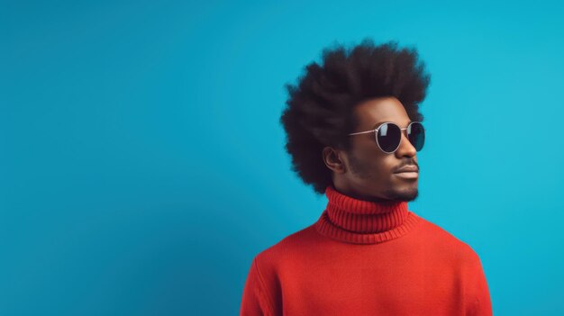 Jeune homme afro-américain en pull rouge et lunettes de soleil sur fond bleu IA générative