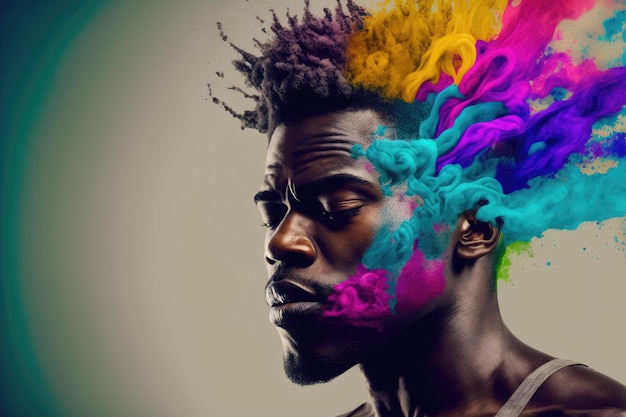 Jeune homme afro-américain avec sa tête qui explose dans de la poudre de peinture colorée