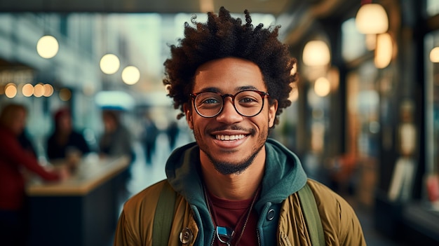 Photo un jeune homme afro-américain souriant heureux en train de marcher dans la ville.