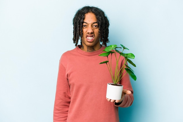 Jeune homme afro-américain tenant une plante isolée sur fond bleu criant très en colère et agressif