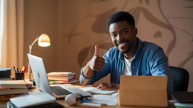 Photo jeune homme afro-américain travaille à la maison montrant le pouce en l'air pour un bon travail sur le fond du travail