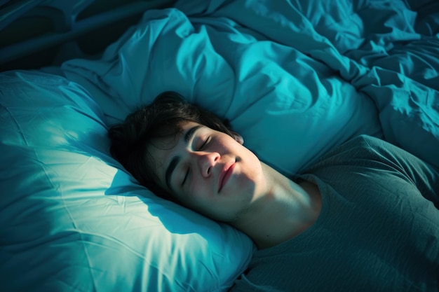 Un jeune homme aime dormir paisiblement et confortablement dans une chambre confortable.