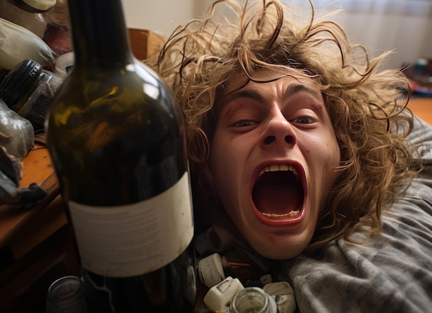 Un jeune homme allongé sur le lit après une fête à la maison.