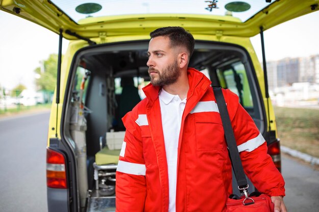 Jeune homme un ambulancier paramédical debout à l'arrière d'une ambulance près des portes ouvertes Il regarde la caméra avec une expression confiante souriant portant un sac de traumatologie médicale sur son épaule